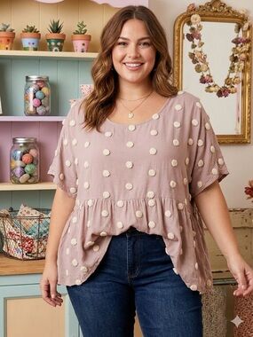 Women’s Taupe Pom-Pom Peplum Top